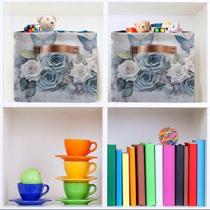 YETTASBIN Rose Butterfly Storage Basket 1pc, Large Collapsible Toys Clothes Organizer, Durable Canvas Storage Bin with Handle for Shelves Closet Laundry Home Office Decor
