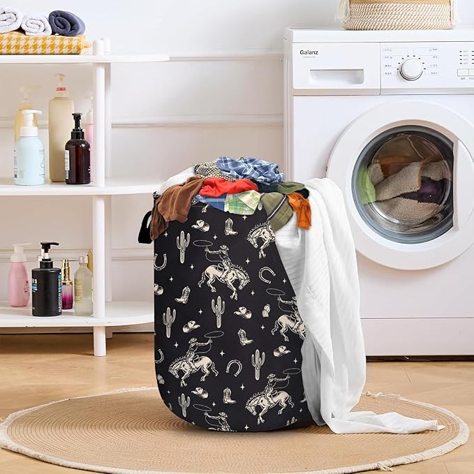 Western Cowboy Element Laundry Basket with Sturdy Handles, Collapsible Oxford Cloth Laundry Hamper Organizer Basket for Bathroom Bedroom 15.7x20 Inch