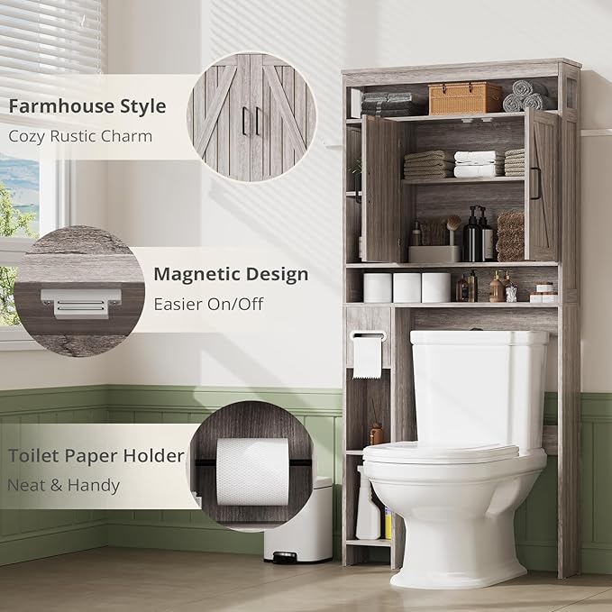 Over The Toilet Storage Cabinet, Farmhouse Storage Cabinet Over Toilet with 2 Barn Door & Toilet Paper Holder Stand, Freestanding Space-Saving Toilet Storage Rack for Bathroom, Laundry, Gray