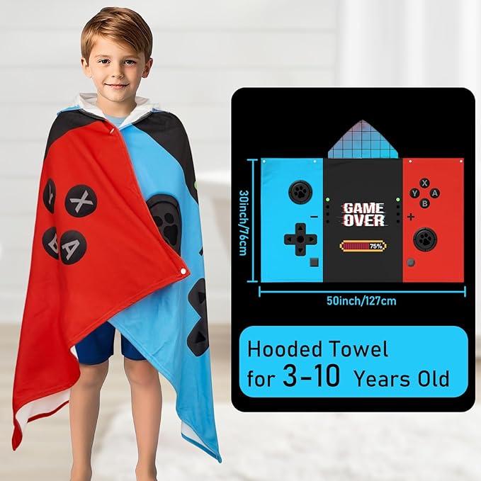 Hooded Towels for Kids Game 50" x 30" Toddler Bath Beach Towel Poncho with Hood Super Soft and Absorbent 100% Microfiber for Boys Ages 3-10