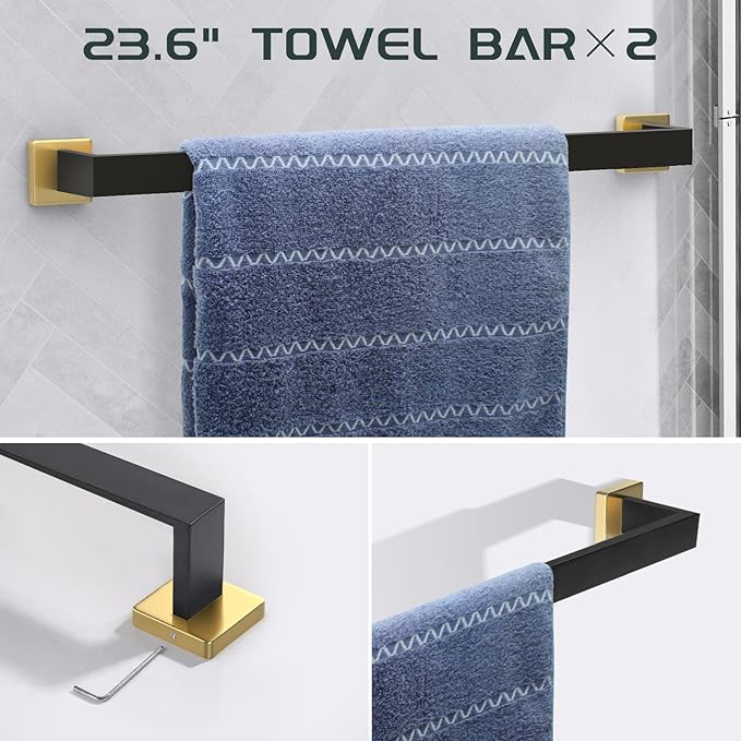 7-Piece Bathroom Set - Black & Gold Accessories Set - Square Towel Bar 2x23'', Hand Towel Rack, Toilet Paper Holder, 3x Towel Hook, Bathroom Hardware