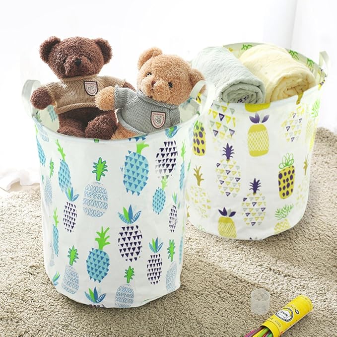 Orino 19 x 16.5 Inches Extra Large Canvas Fabric Folding Storage bin with Handle Waterproof Home Decor Laundry Hamper Organize Pineapple Storage Baskets for Dirty Clothes, Toy (Yellow)