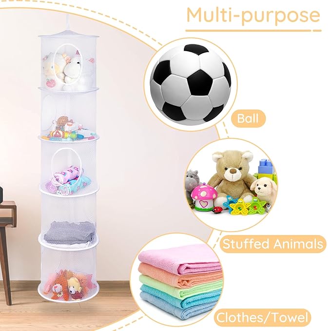 Basumee Stuffed Animals Net or Hammock 2 Pcs Stuffed Animals Storage Toy Net Hammock for Plushies Storage Organizer Mesh Kids Girls Room Decor, White, 5 Tiers