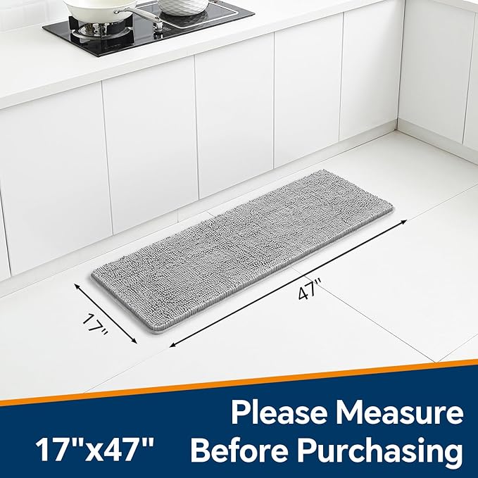 Gray Bathroom Rugs 17"x47" - Plush Chenille Non-Slip Runner Bath Mat - Absorbent, Washable, Soft Decor for Shower, Sink, Tub, Kitchen, Home Accessories
