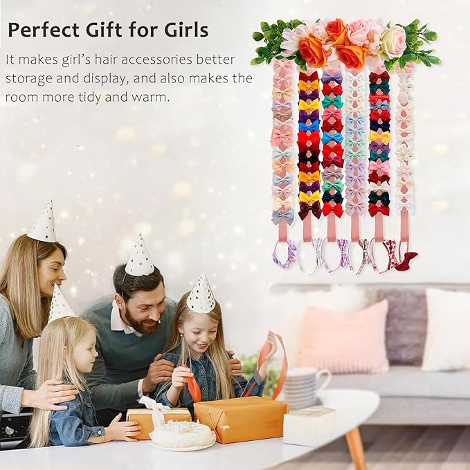 cherrboll Bow Organizer for Girls, Flower Hair Clip Holder Headband Wall Hanging Hair Accessories Organizers Storage Display for Toddler Nursery Room Decor