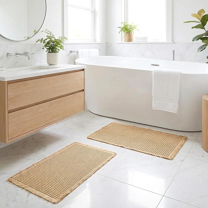 2pcs Waffle Bathroom Rugs Waffle Bath Mat Boho Bath Rugs Non Slip Washable Absorbent Baths Mats Soft Rubber Backed Shower Mats Bathroom Runner Rug for Bedroom Kitchen Shower Tub Hallway Laundry Room