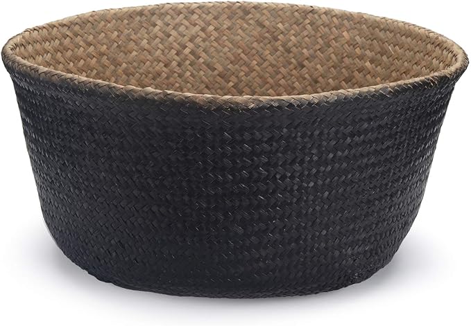 Seagrass Plant Basket with Handles Natural Woven Storage Baskets (Black 9 inch D x 11 inch H)