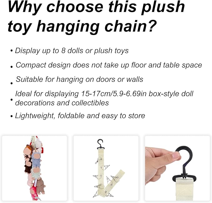 Plush Toy Display Strap, Stuffed Animal Hanging Storage Chain with 8 Metal Clips Wall & Over Door Organizer Holder for 5.9-6.69in Doll or Hats Scarf Nursery Room Decor (White)