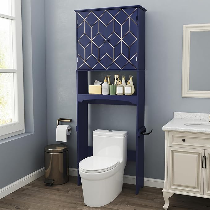 HLR Over The Toilet Storage Cabinet with Gold Trim, Over Toilet Bathroom Organizer with Adjustable Shelves and Toilet Paper Holder, Above Toilet Storage Cabinet Spacesaver for Bathroom (Blue)