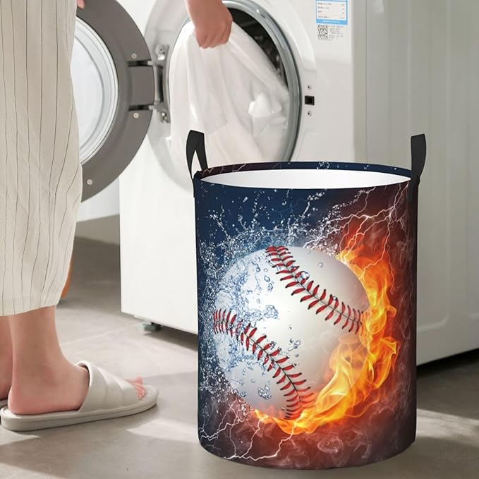 Sport Baseball Ball In Fire And Water Round Laundry Hamper Storage Basket Toys Clothes Organizer Bin For Home Bathroom Bedroom Dorm Nursery, 38l
