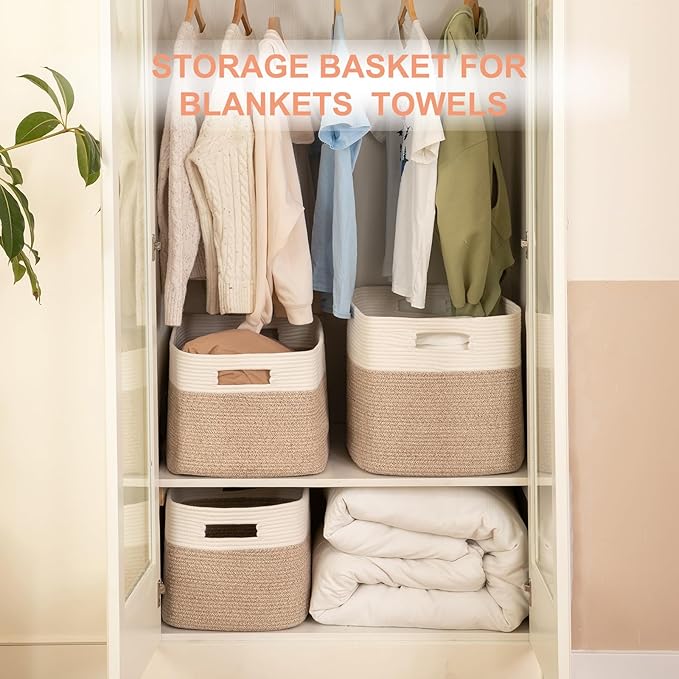 Blanket Basket, Cotton Rope Woven Storage Basket for Living Room, Toy Bin for Kids, Nursery, Baby Room Decorative Organizer, 18''×14''×12'', Brown & White