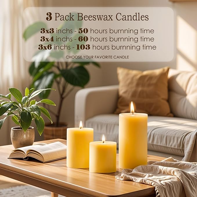3x6inchs Beeswax Candles - 3 Pack Large Emergency Candles, 309 Hour Long Burn Time Big Bees Wax Candle for Home, Beeswax Pillar Candle for Home Holidays Decor Spa Relaxation (3x6in)