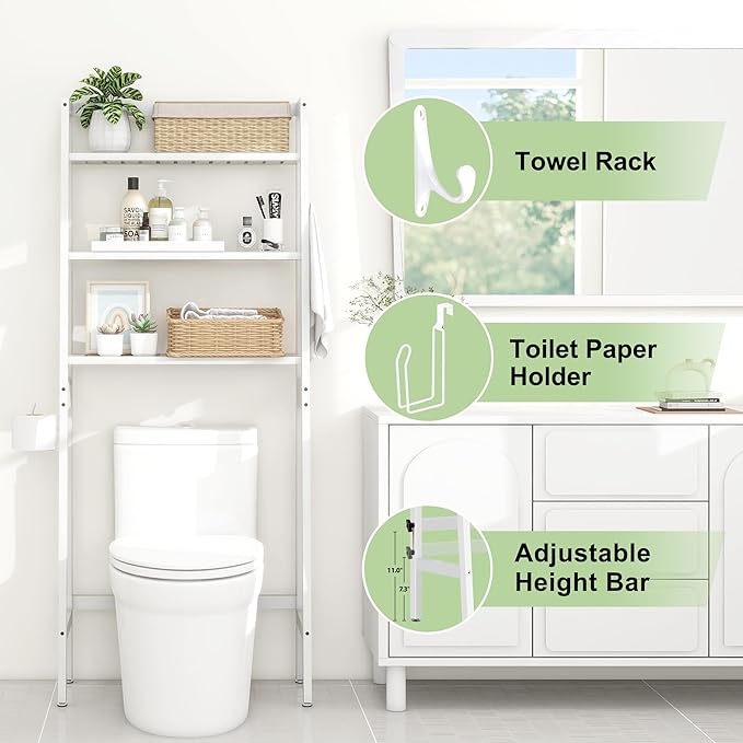 MallKing Over The Toilet Storage, Wooden 3-Tier Over-The-Toilet Rack Bathroom Space Saver Organizer, Freestanding Above Toilet with Toilet Paper Holder and Hooks (White)