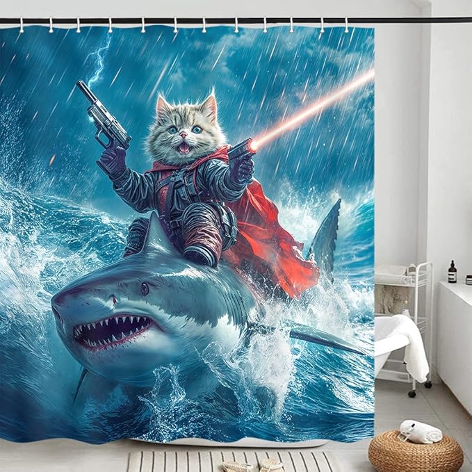 70x75 Inch Funny Cat Riding Shark Waterproof Shower Curtain - Blue Ocean Bathroom Decor with Hooks, Humor Polyester Bathtub Curtain for Kids Teens Adults