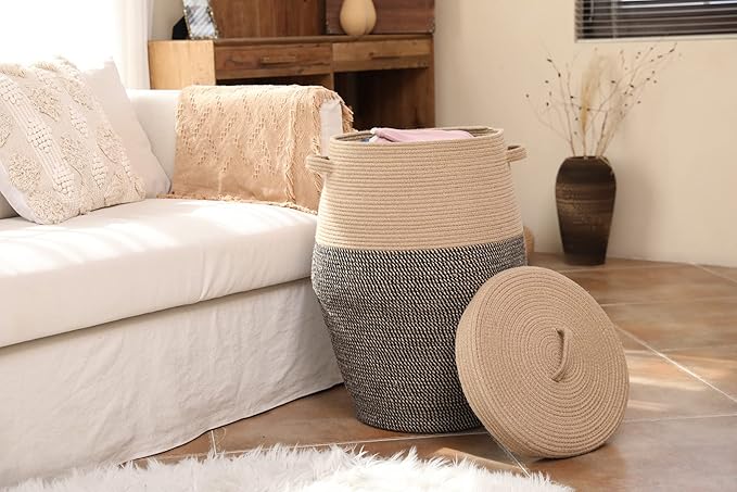 26"x20" Handcrafted Tall Cotton Rope Basket with Lid, Stylish Flagon Shape with Cover, Clothes Hamper with Top, for Bedroom and Living Room, Jute/Black Mix