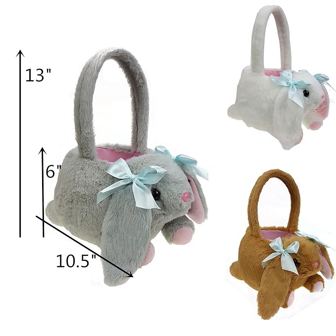 DearSun Personalized Easter Egg Hunting Basket 3D Plush Bunny Basket Candy Bucket Gift Basket with Embroidery Name (Grey Plush Bunny Basket)