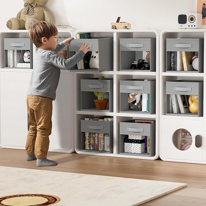 DIMJ 12.2 Inch Storage Cubes, 6 Pack Cube Storage Bins with Window, Fabric Storage Bins with Handle, Foldable Storage Cubes, Storage Box for Clothes, Toys, Books (Grey)