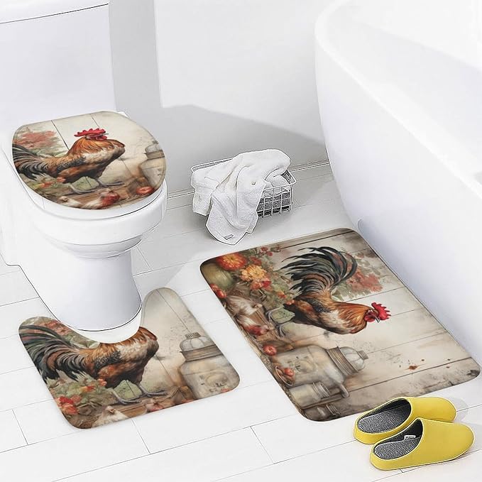 4 Piece Bathroom Rug Set with Shower Curtain Non-Slip Rugs and Toilet Mat Lid Rug Accessories It's Just Chicken Time Waterproof Shower Curtain Chicken Gifts for Bathroom Decor Set