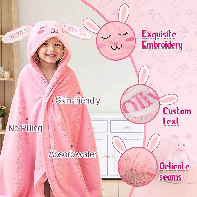 Baosity Custom Hooded Baby Towel with Name, Personalized Soft Absorbent Bunny Bath Towel, Shower Towels for Girls Boys, Easter Brithday for Baby, Toddler, Newborn Essential