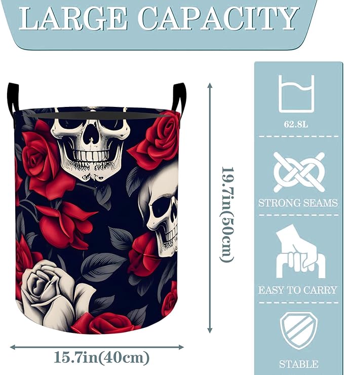 Skull and Rose Gothic Laundry Basket, Dirty Collapsible Clothes Toy Organizer Hamper for Kids Adults, Oxford Cloth Waterproof Storage Bin for Bedroom Bathroom Halloween Decor Gifts, 19.7"X15.7"