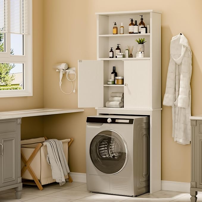 Walsunny Over The Toilet Storage Cabinet, Bathroom Organizer with Open Shelves and Double Doors, Space Saving Toilet Storage