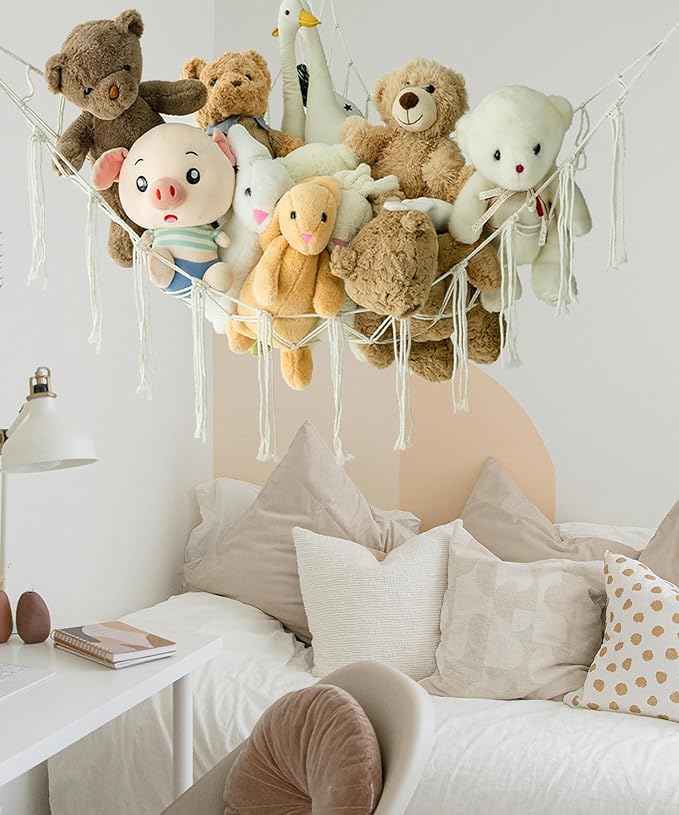 Stuffed Animal Storage Corner Hammock or Net,Toy Storage Hammock for Stuff Animals,Plushie Net for Nursery Bedroom Wall,Stuffed Animal Organizer Holder for Plush,Cute Boho Room Decor(Beige)