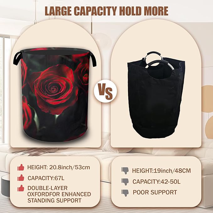 Laundry Hamper,Red Rose Collapsible Laundry Baskets Waterproof Oxford Cloth With Handles,Clothes Storage Bucket Toy Organizer For Bathroom/Nursery/Bedroom 16" x 20.8"