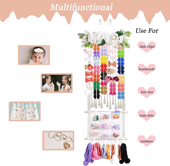 Headband Holder for Girls Hair Bows, Large Capacity Baby Headbands Organizer Storage Hair Clips Hanger Storage Flower Crown Bow Holder Wall Door Hanging Decor for Nursery Room