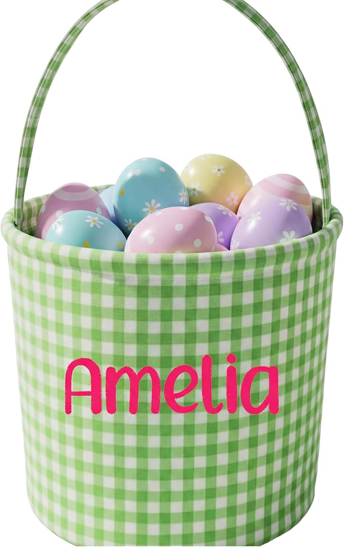 Morxy Personalized Plaid Easter Candy Basket with Embroidered Name, Custom Gingham Easter Bucket for Kids,Candy Bucket Bag