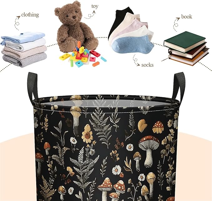 Mushroom Laundry Hamper Basket, Large Canvas Collapsible Organizer Storage Basket for Nursery,Office,Toy Organizer,Home,Decor - 19.7" X 15.7 "