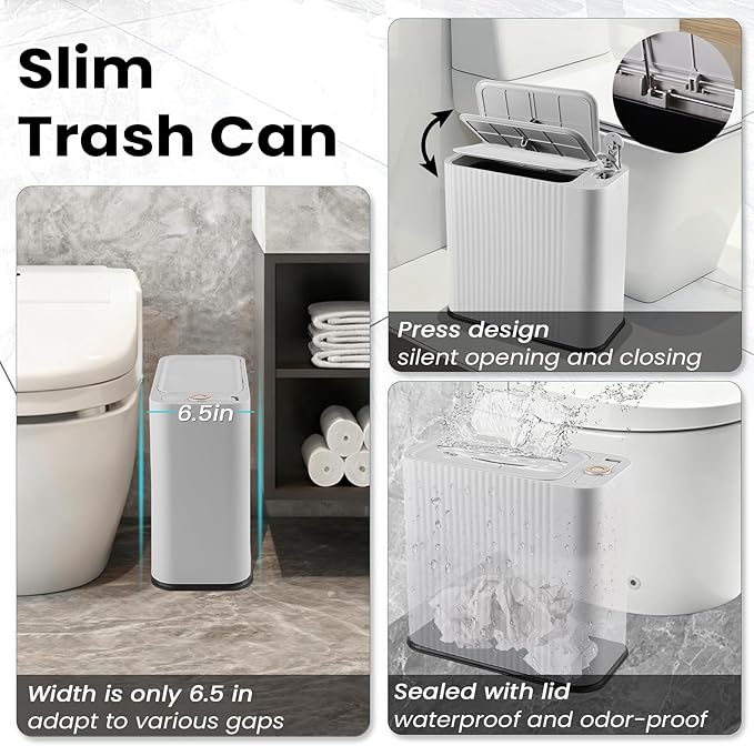 9-Piece Light Gray Bathroom Set with Slim Trash Can Press Top Lid, Modern Bathroom Accessories Sets with Toilet Brush, Soap Dispenser, Toothbrush Set, Soap Dish & Apothecary Jars