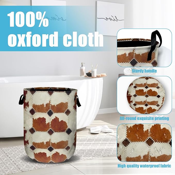 Vintage Brown Cowskin Laundry Basket, Laundry Hamper Collapsible Oxford Cloth with Handle Clothes Toy Storage Bin for Bathroom Laundry Room Bedroom 15.7 X 20 Inch