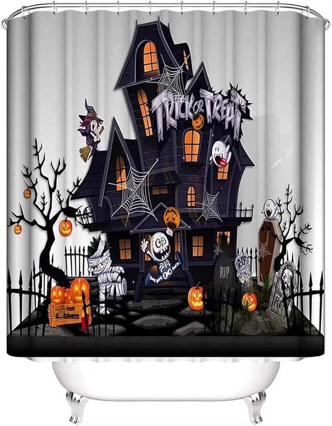 Halloween Pumpkin Waterproof Shower Curtain,with Non-Slip Rugs,Toilet Lid Cover and Bath Mat,Bathroom Shower Decor Accessory Set