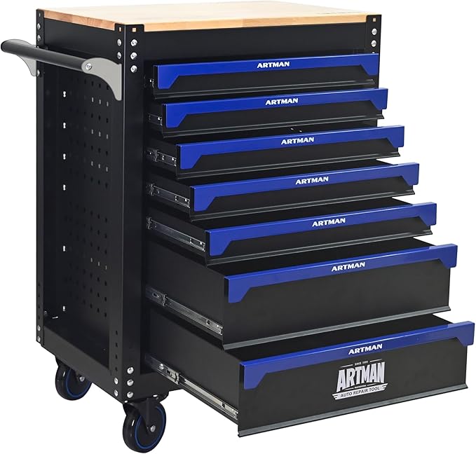 30 Inch Rolling Tool Chest with 7 Drawers, Steel Tool Cabinet with Wood Countertop, Lockable 360° Swivel Casters, Stand Up Toolbox, Portable Garage Tool Box for Home, Workshop (Black+Blue)