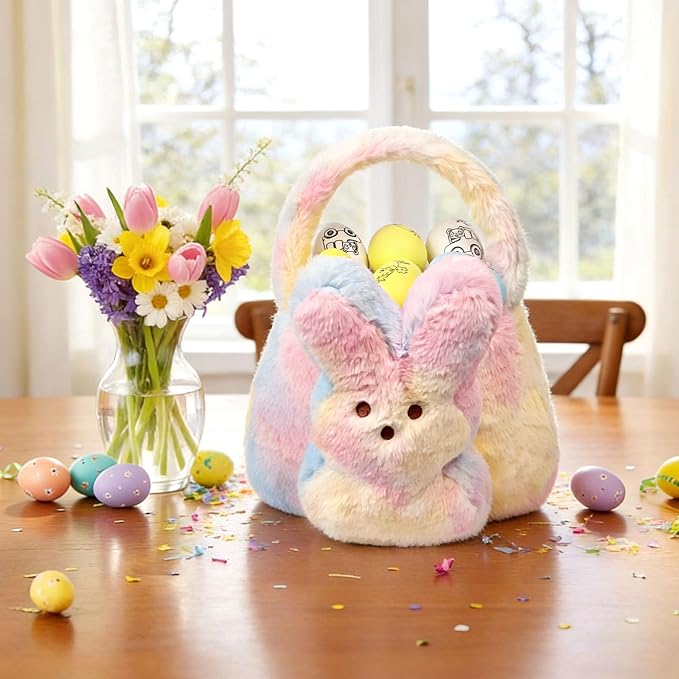 Easter Bunny Basket for Kids, Cute Bunny Plush Tote Bucket for Boys Girls, Fluffy Easter Egg Hunt Bag Soft Fabric Tote Bags for Candy Gifts Storage (Multicolor)