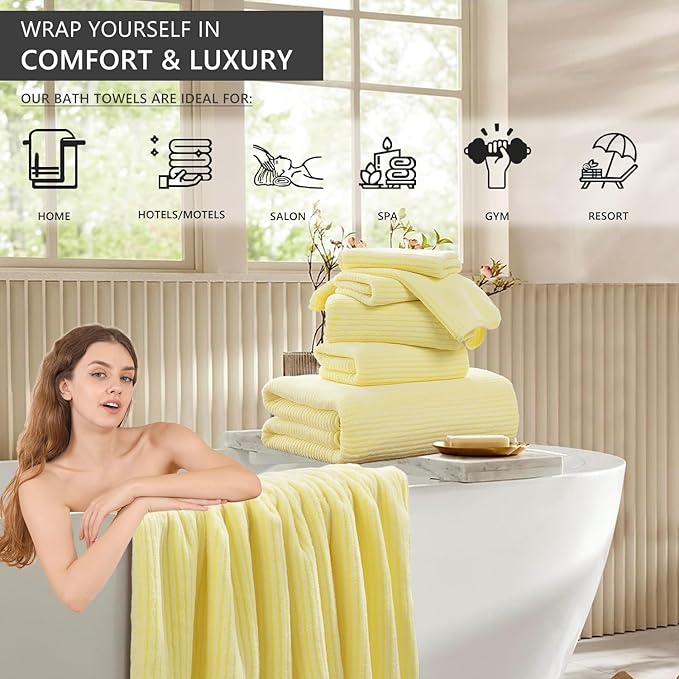 8-Piece Premium Towel Set for Bathroom|2 Oversized Large Bath Sheet,2 Hand Towels,4 Washcloths|Soft Cozy Highly Absorbent Fast Dry Microfiber Shower Towel Set for Hotel Bathroom Essentials,Yellow