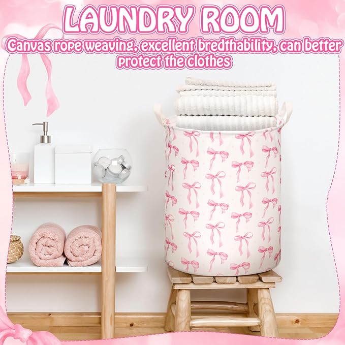 Coquette Pink Bow Laundry Basket Pink Bow Nursery Laundry Basket Hamper Waterproof Collapsible Storage Bin Organizer for Bedroom Bathroom Room Dorm Clothes Toys