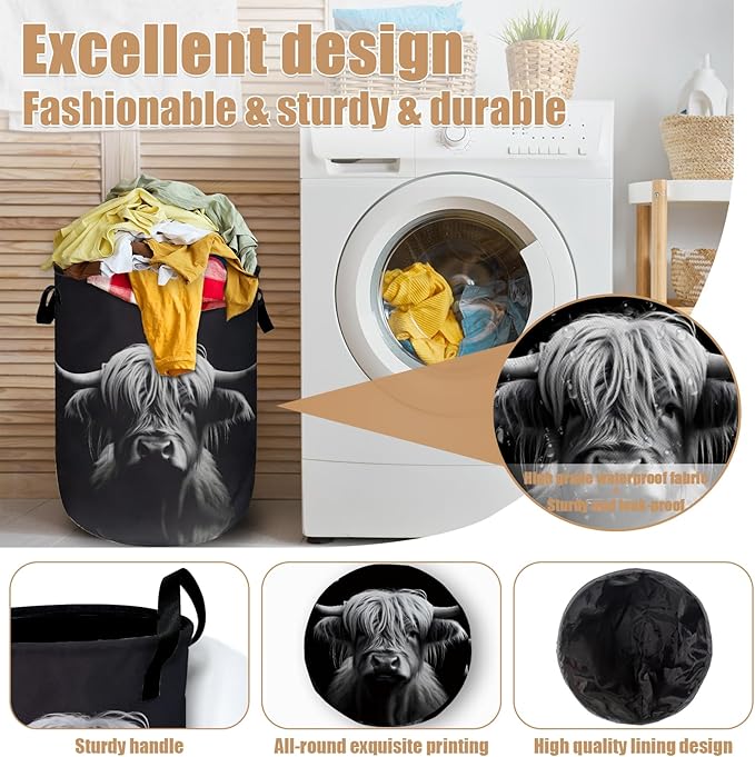 Highland Cow Laundry Basket, Foldable Waterproof Black Laundry Hamper Tote Bag Dirty Clothes Storage Bucket Toy Organizer for Bathroom/Laundry/Bedroom 15.7"x19.6"Highland Cow