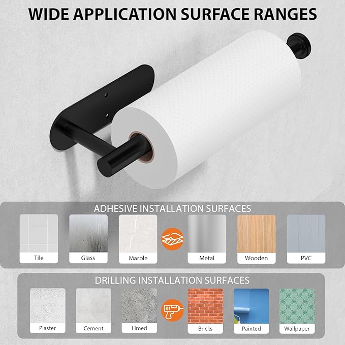 Auxmir Paper Towel Holder Under Cabinet, Self Adhesive Paper Towels Rolls Racks for Kitchen, Wall Mount Thicken Stainless Steel Rustproof, Both Available in Adhesive and Screws for Bathroom RV, Black