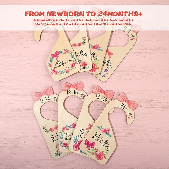8Pcs Baby Closet Dividers Double Sided Baby Clothes Dividers Beautiful Wooden Nursery Clothes Size Hanger Organizer Minimalist Cute Design Decor Cloth Hanger Divider for Cloth Organizer