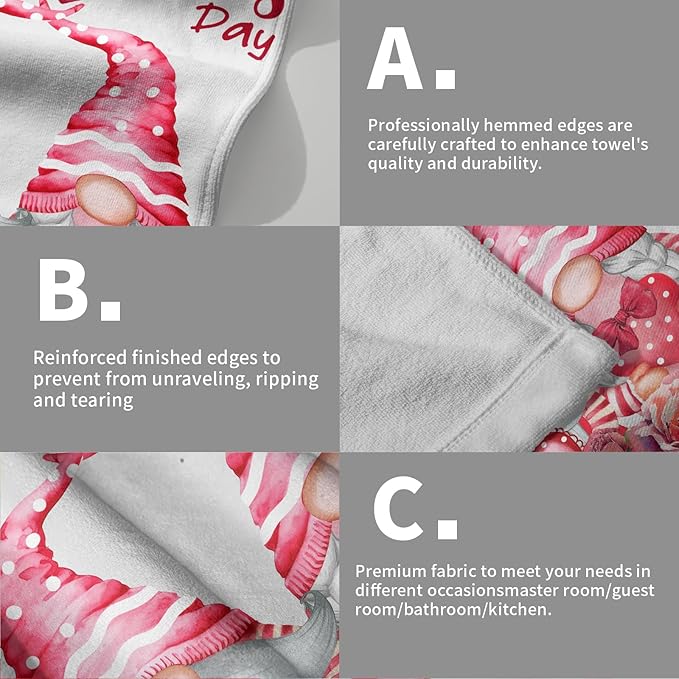 Happy Valentine's Day Hand Bath Towel Set of 2 Soft Absorbent Pink Red Love Heart Flowers Dishtowel Romantic Gnome Bouquet Tea Towels Cooking Wash Cloth for Kitchen Bar Beach Gym Spa Decor 14x28 Inch