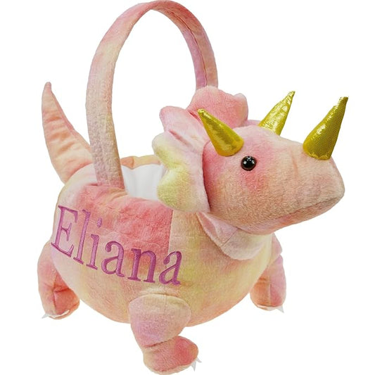 DearSun Exquisite Embroidery ! Personalized 3D Adorable Pink Dinosaur Basket Easter Egg Hunting Basket Easter Gift Basket with Embroidery Name (Pink Plush Triceratops Basket)