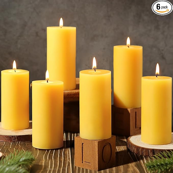 6 Pack Natural Beeswax Pillar Candles,100% Pure Beeswax Candles-210 Hours Long Burning,Organic Bees Wax Candles for Home,Paryer,Parties,Unscented Dripless Smokeless Beeswax Candle Bulk 2x4in
