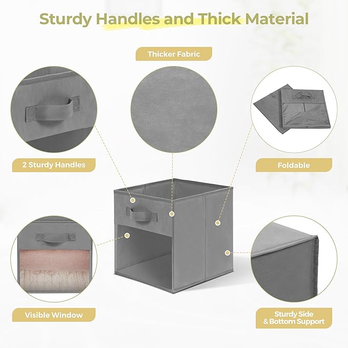 Storage Bins with Clear Window, 11x11 Storage Cubes, Collapsible Cube Storage Box, Fabric Closet Organizers with Handles for Home, Office, Shelf, Closets, Living Room, Grey, 6 Pack