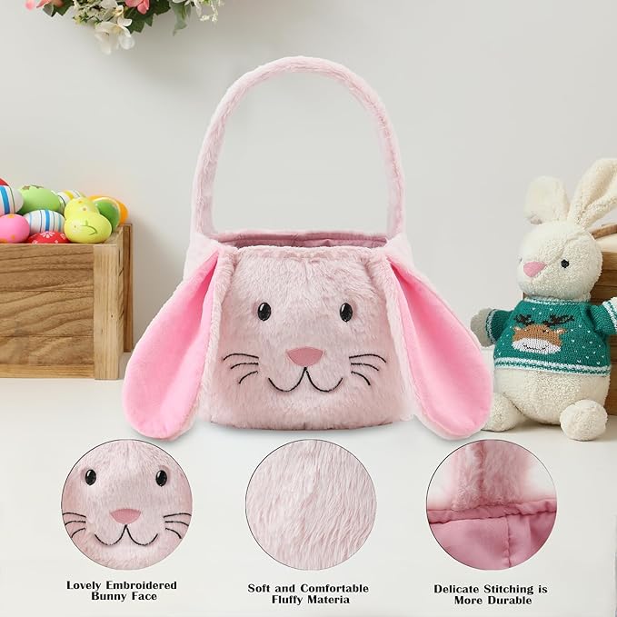 Easter Bunny Basket,Cute Easter Bucket Bags with Rabbit Ears for Easter Eggs Hunting,Easter Decorations,Candy Gifts Storage (Pink/White)
