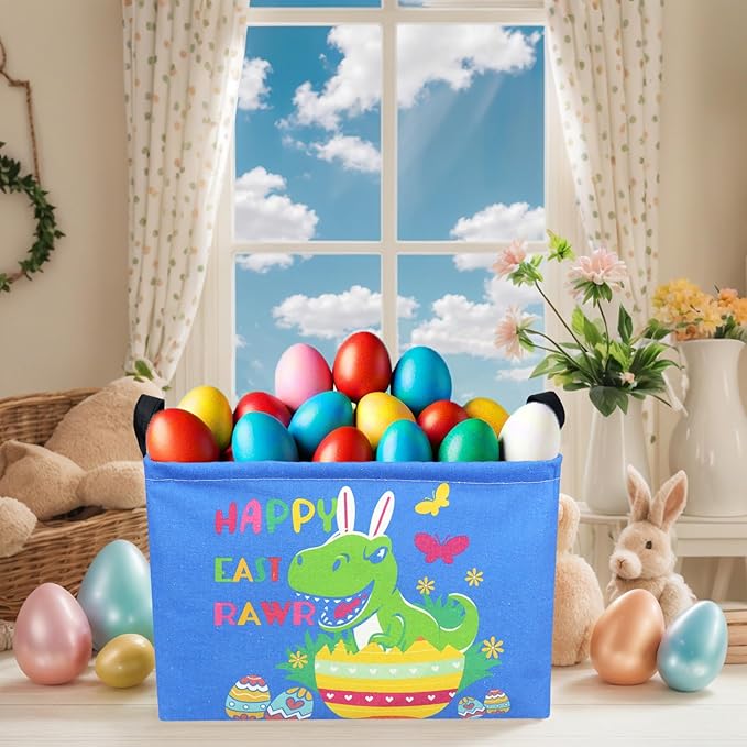 Personalized Dinosaur Easter Basket Bluey Fabric Large Empty Easter Basket for Boy and Girl (Dinosaur Blue Background)