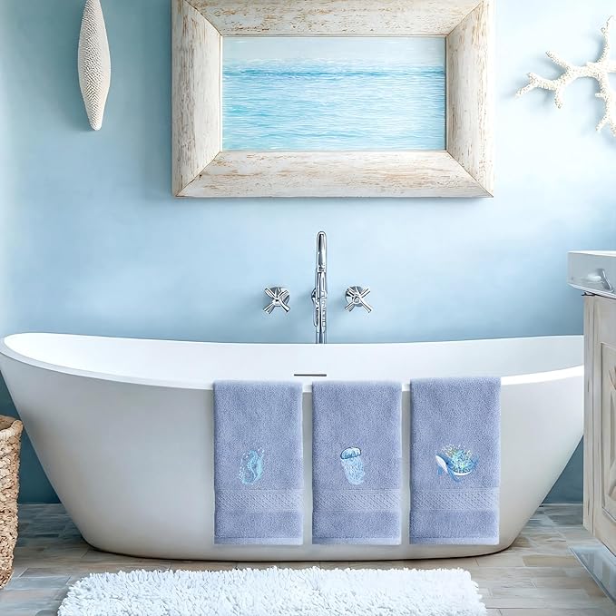 3 Pack Ocean Hand Towels for Bathroom 100% Cotton Embroidered Seahorse Jellyfish and Floral Whale Soft Absorbent Bathroom Towels Sea Coastal Hand Towel Gift for Summer Holiday, 13.78 x 29.53