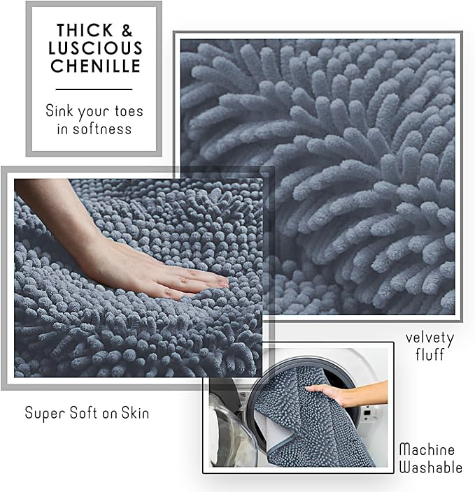 Hearth & Harbor Bathroom Rugs, Chenille Bath Mat - Machine Washable Bath Mats for Bathroom Non-Slip Backing Rubber, Quick Dry Bathroom Mat, 17 x 24 - Stone Blue