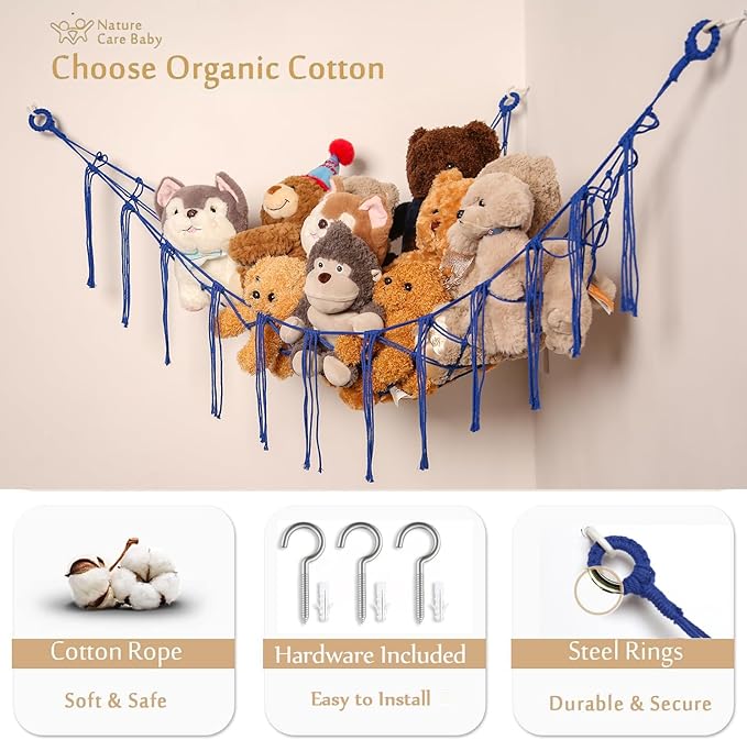 Stuffed Animals Hammock Corner Hanging Net for Macrame Stuffed Animal Storage Plush Toy Holder Toy Organizer for Boho Nursery Playroom Bedroom Kids Room Decor (blue, Large)