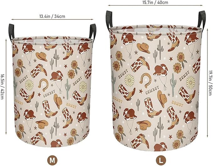 Western Cowboy Cactus Laundry Basket for Boy, Large Canvas Collapsible Organizer Storage Laundry Hamper Basket for Nursery,Office,Toy Organizer,Home,Decor - 19.7" X 15.7 "